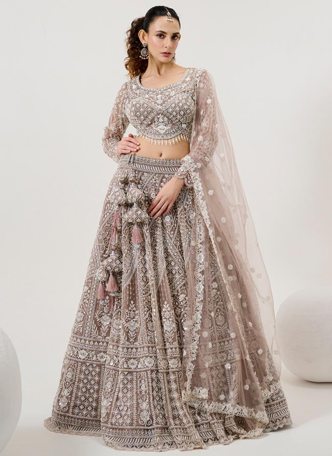 Net Peach Bridal Wear Embroidery Work Ready To Wear Lehenga Choli